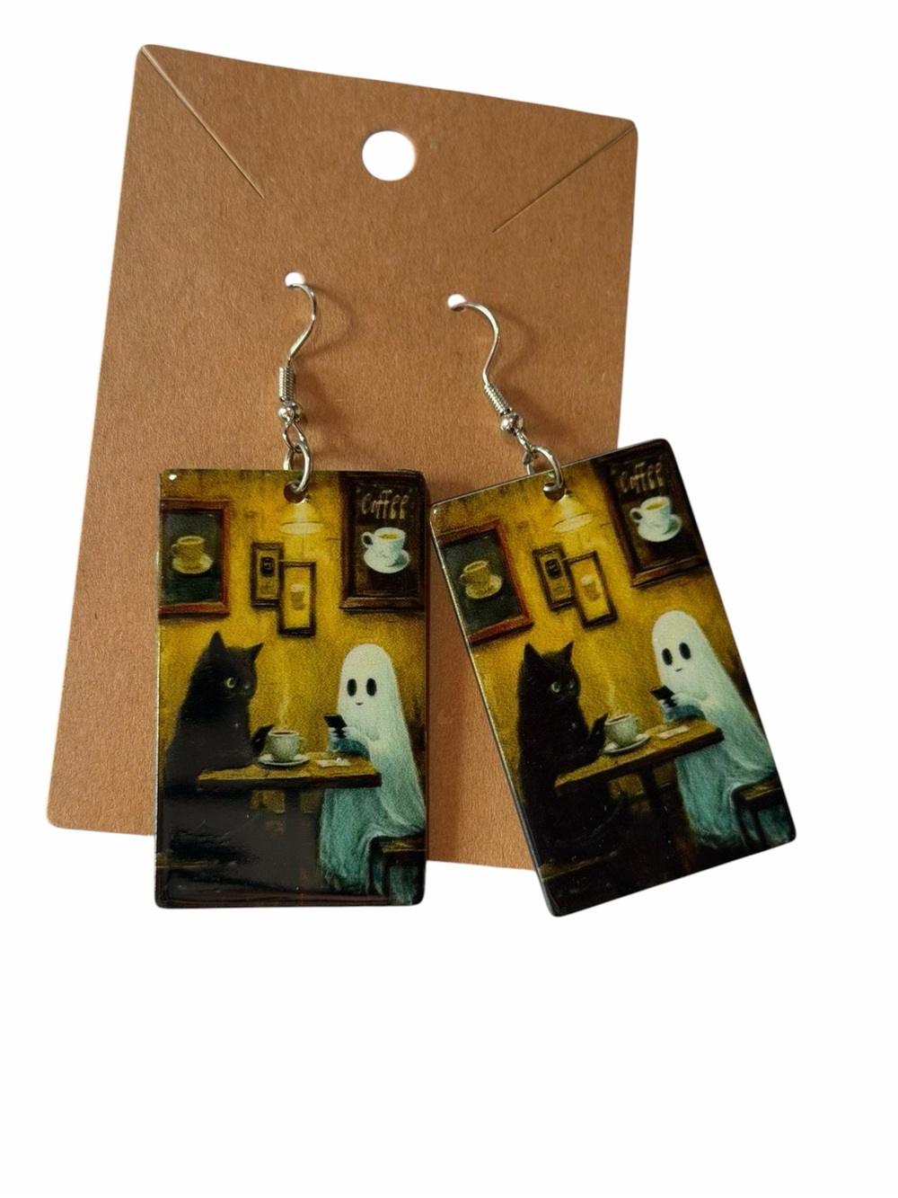 Handcrafted Ghost & Black Cat Coffee Earrings - Yellow Background